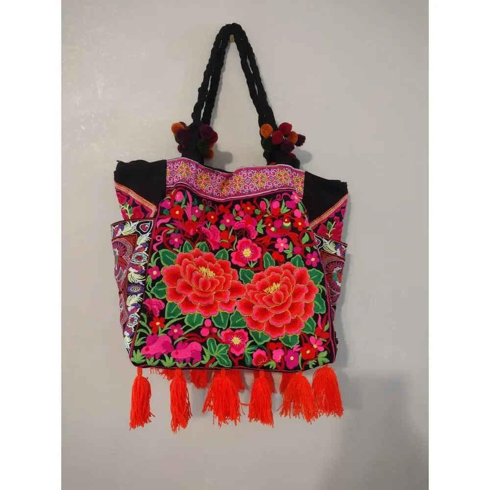 Embroidered Tote Bag Womens Large Multicolor Floral Tassel Boho Canvas Purse